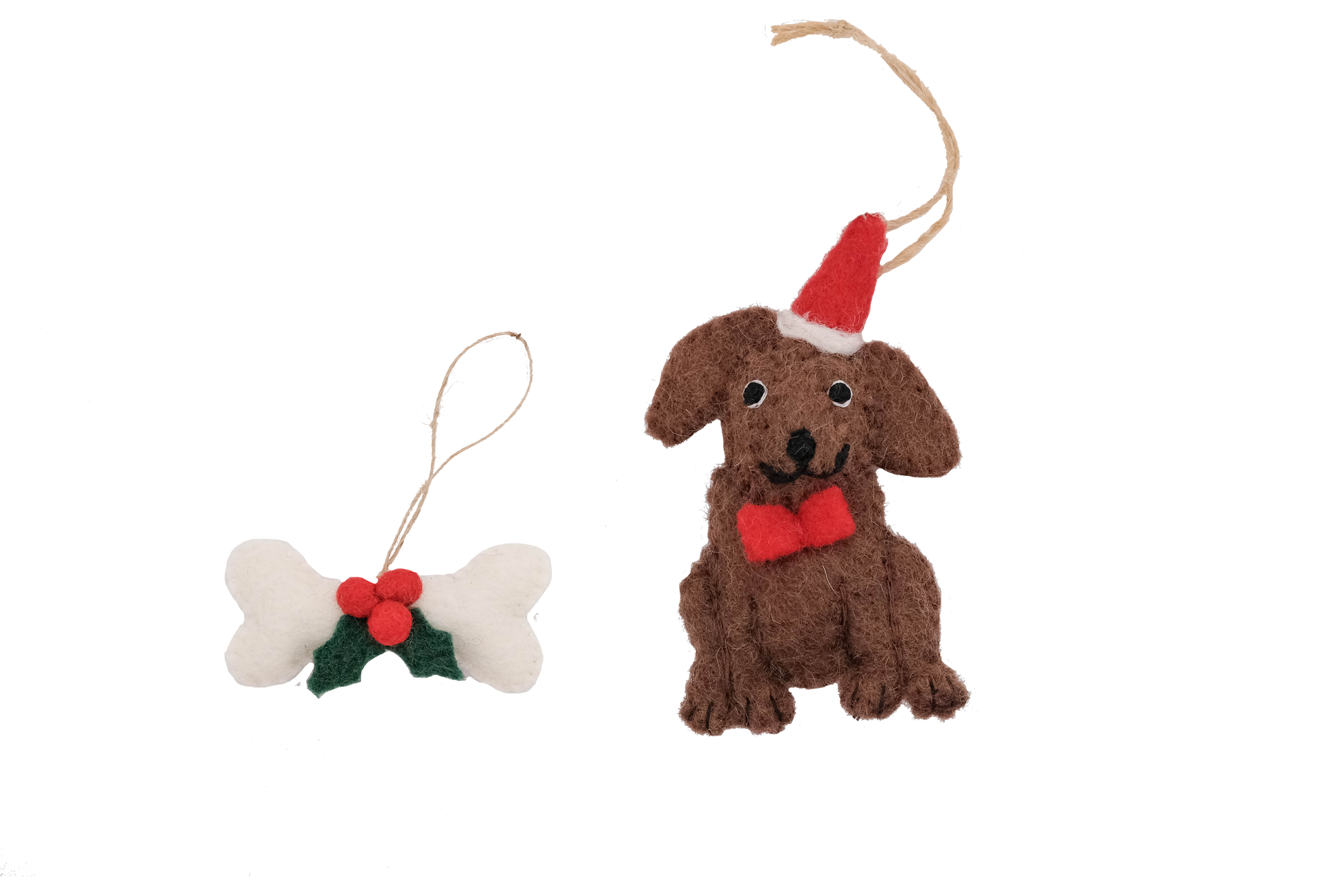 This Global Groove Life, handmade, ethical, fair trade, eco-friendly, sustainable, brown, Chocolate Labrador Santa Dog with white, green and red bone treat set ornament was created by artisans in Kathmandu Nepal and will be a beautiful addition to your Christmas tree this holiday season.