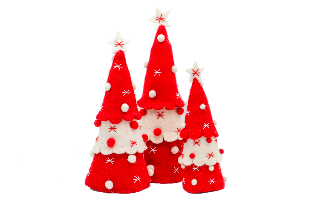 This Global Groove Life, handmade, ethical, fair trade, eco-friendly, sustainable, red and white felt tabletop Christmas tree set was created by artisans in Kathmandu Nepal and will bring colorful warmth and fun to your home this season.