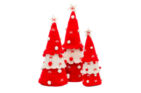 This Global Groove Life, handmade, ethical, fair trade, eco-friendly, sustainable, red and white felt tabletop Christmas tree set was created by artisans in Kathmandu Nepal and will bring colorful warmth and fun to your home this season.