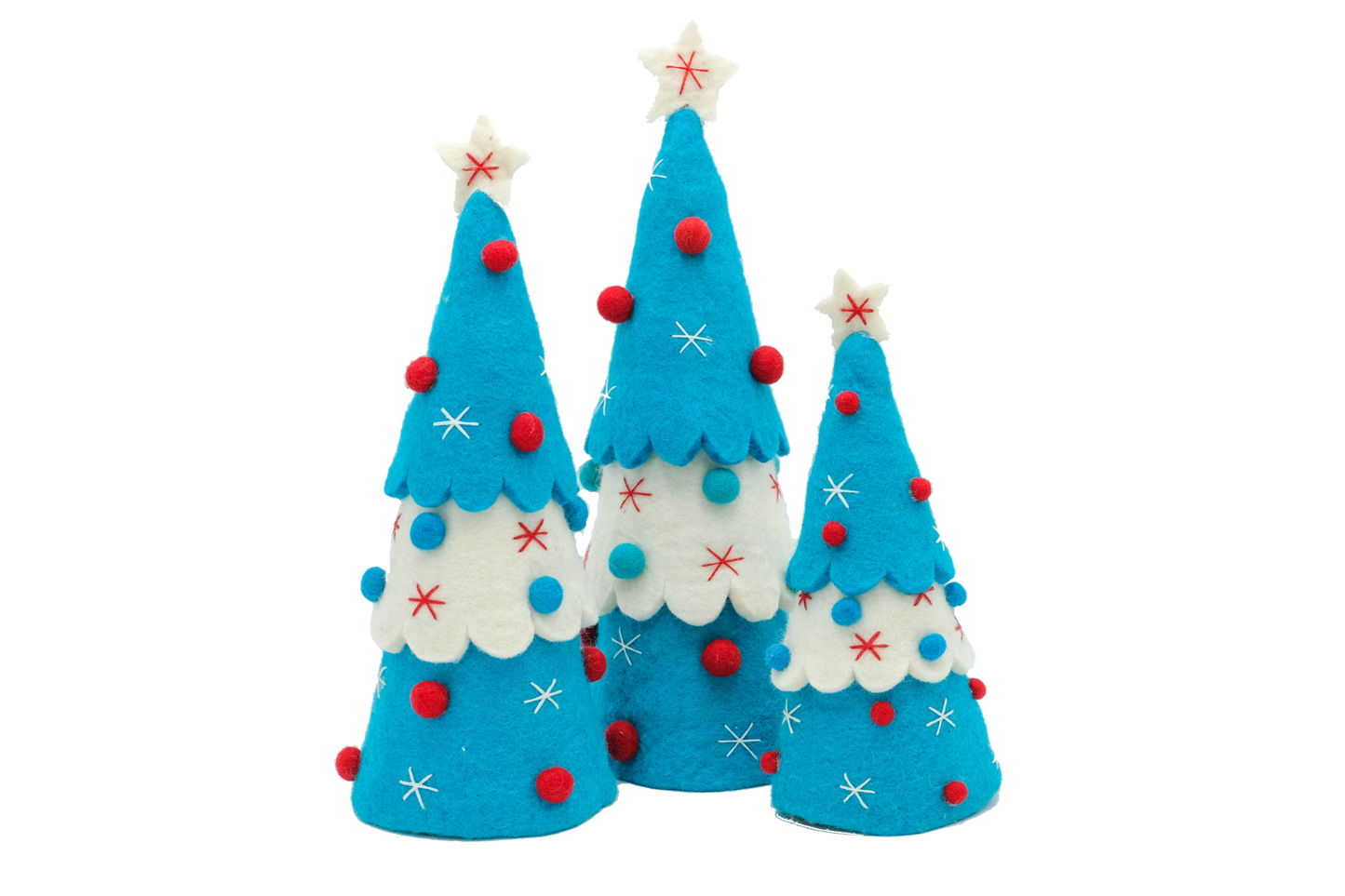 This Global Groove Life, handmade, ethical, fair trade, eco-friendly, sustainable, turquoise, white and red felt tabletop Christmas tree set was created by artisans in Kathmandu Nepal and will bring colorful warmth and fun to your home this season.