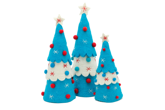 This Global Groove Life, handmade, ethical, fair trade, eco-friendly, sustainable, turquoise, white and red felt tabletop Christmas tree set was created by artisans in Kathmandu Nepal and will bring colorful warmth and fun to your home this season.