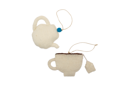 Mushroom Teapot and Teacup Wool Felt Christmas Tree Ornament-Set of 2