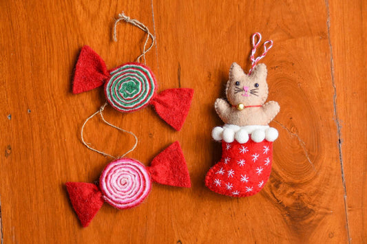 Kitty in Stocking & Classic Candy Handcrafted Felt Ornaments