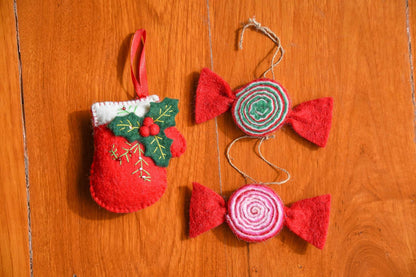 Holly Mittens & Classic Candy Handmade Felt Ornament