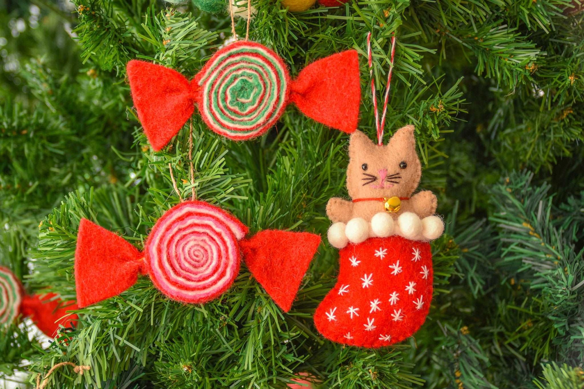 Kitty in Stocking & Classic Candy Handcrafted Felt Ornaments