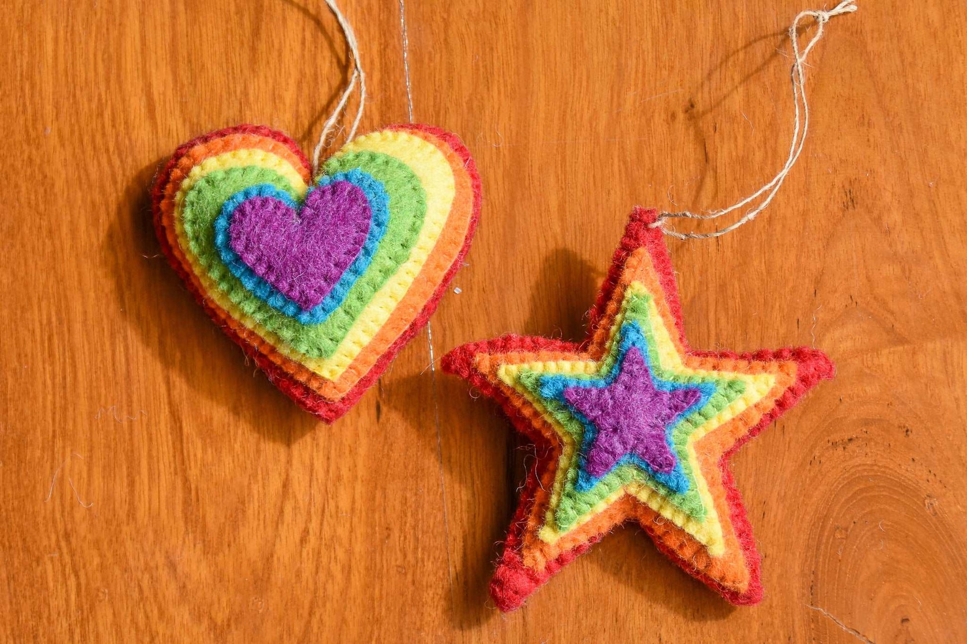 This Global Groove Life, handmade, ethical, fair trade, eco-friendly, sustainable, Rainbow Love, Heart and Star felt ornament set was created by artisans in Kathmandu Nepal and will bring brilliant color and fun to your Christmas tree this holiday season.