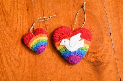 This Global Groove Life, handmade, ethical, fair trade, eco-friendly, sustainable, felt rainbow dove heart and rainbow heart ornament set was created by artisans in Kathmandu Nepal and will bring colorful warmth and fun to your Christmas tree this season.