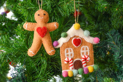 Gingerbread Home and Friend Handmade Felt Ornament--Set of 2