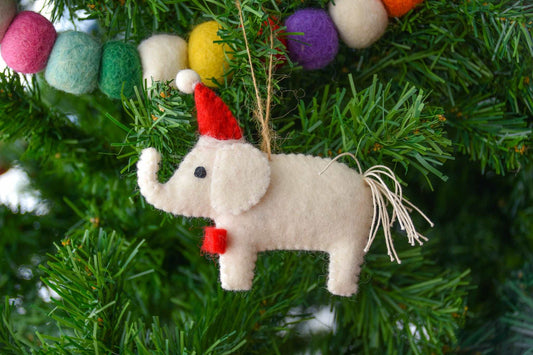 White Elephant Handmade Felt Santa Ornament-Set of 2