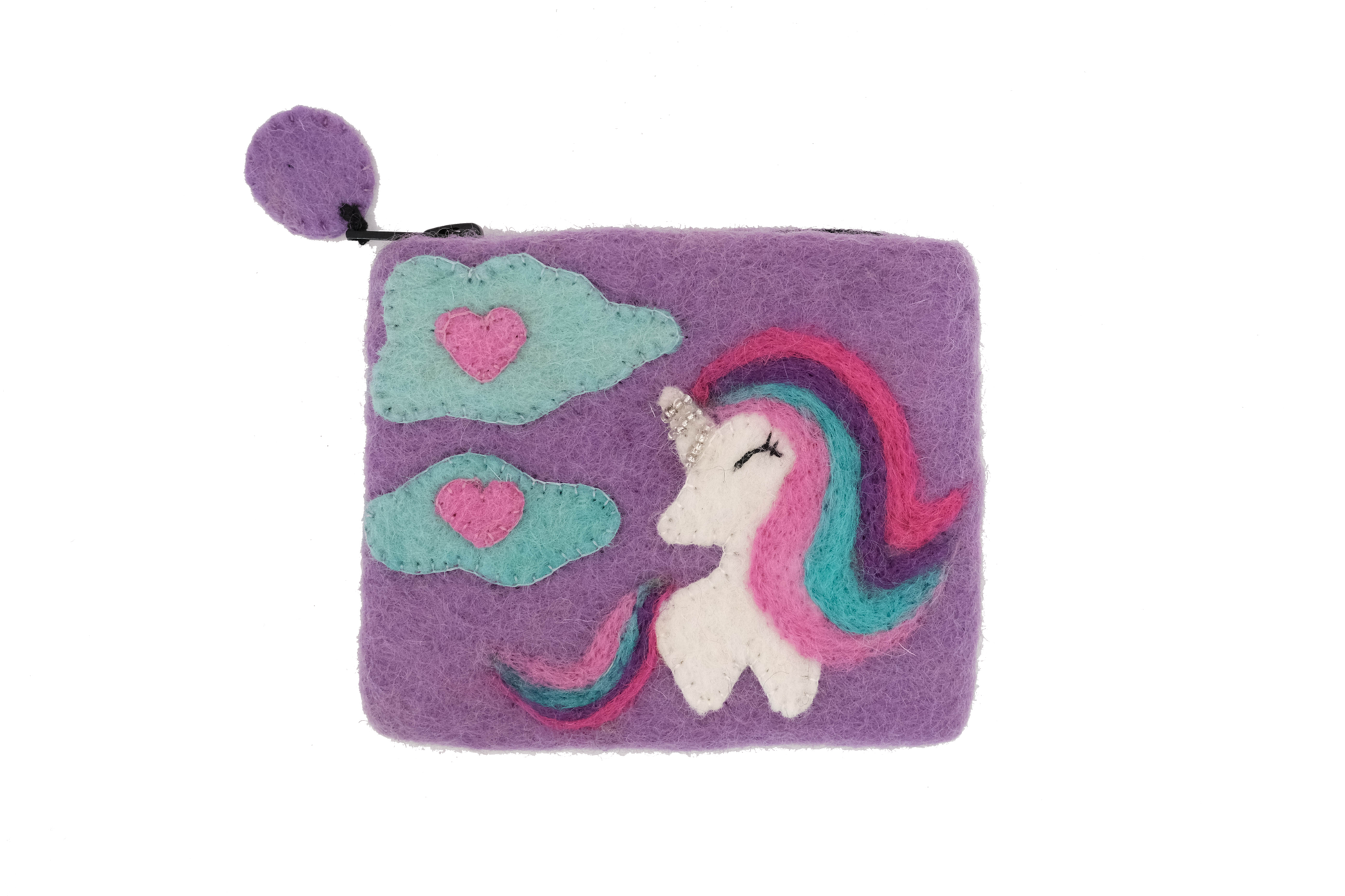 This Global Groove Life, handmade, ethical, fair trade, eco-friendly, sustainable, purple, felt zipper coin pouch was created by artisans in Kathmandu Nepal and is adorned with a Unicorn, hearts and clouds.