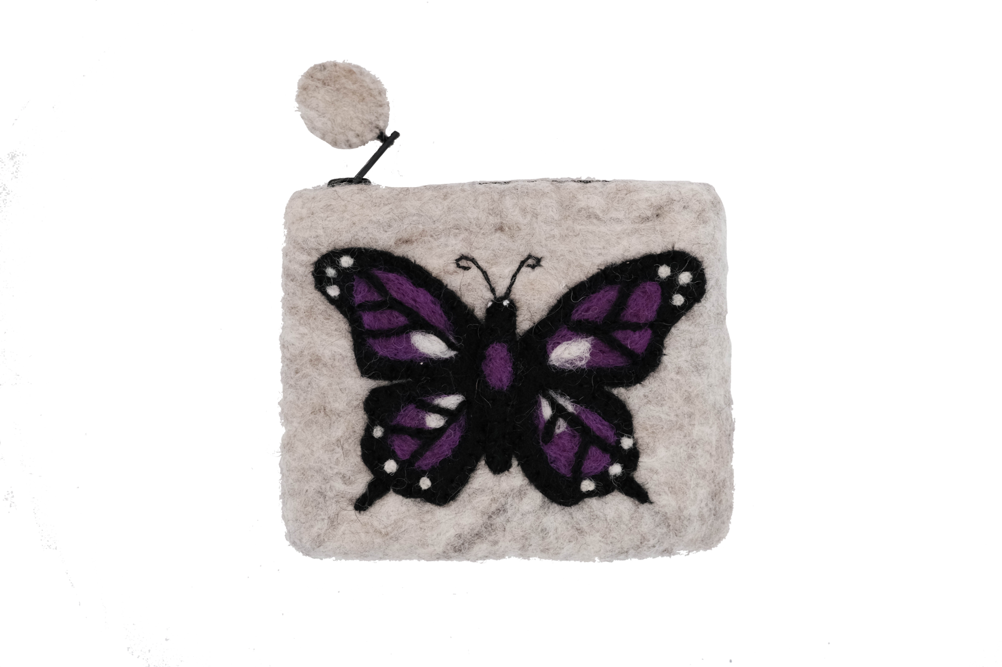 This Global Groove Life, handmade, ethical, fair trade, eco-friendly, sustainable, grey felt zipper coin pouch was created by artisans in Kathmandu Nepal and is adorned with a beautiful purple butterfly motif.