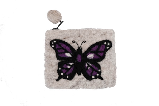 This Global Groove Life, handmade, ethical, fair trade, eco-friendly, sustainable, grey felt zipper coin pouch was created by artisans in Kathmandu Nepal and is adorned with a beautiful purple butterfly motif.