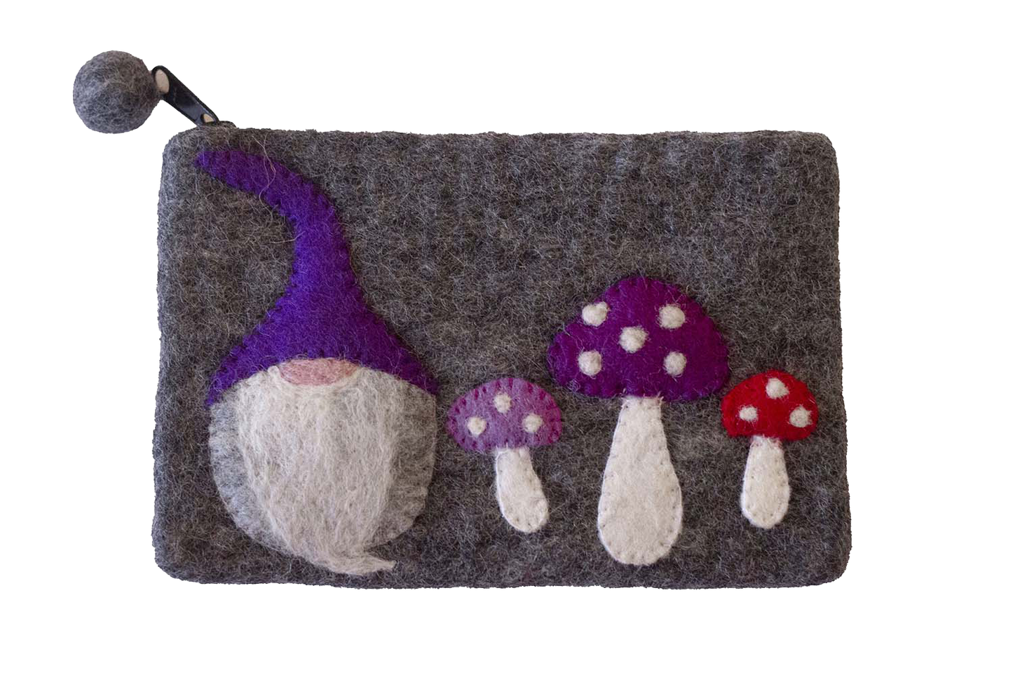 This Global Groove Life, handmade, ethical, fair trade, eco-friendly, sustainable, grey felt zipper coin pouch was created by artisans in Kathmandu Nepal and is adorned with an adorable gnome with mushrooms motif.