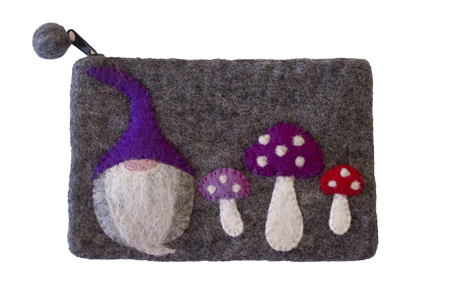 This Global Groove Life, handmade, ethical, fair trade, eco-friendly, sustainable, grey felt zipper coin pouch was created by artisans in Kathmandu Nepal and is adorned with an adorable gnome with mushrooms motif.