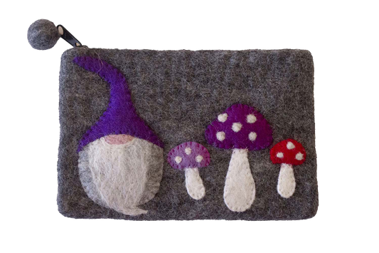 This Global Groove Life, handmade, ethical, fair trade, eco-friendly, sustainable, grey felt zipper coin pouch was created by artisans in Kathmandu Nepal and is adorned with an adorable gnome with mushrooms motif.