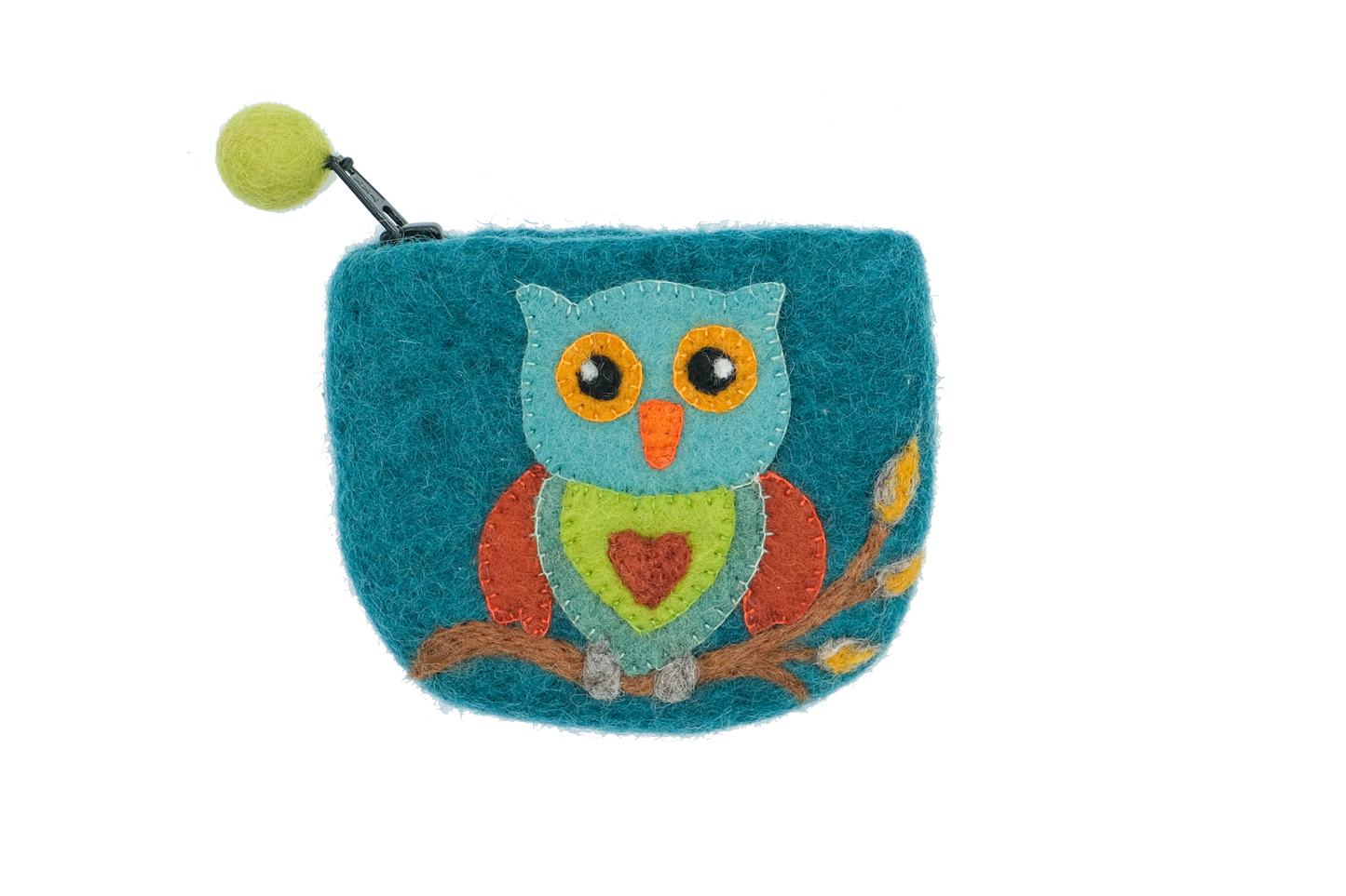 This Global Groove Life, handmade, ethical, fair trade, eco-friendly, sustainable, blue felt zipper coin pouch was created by artisans in Kathmandu Nepal and is adorned with an owl motif.