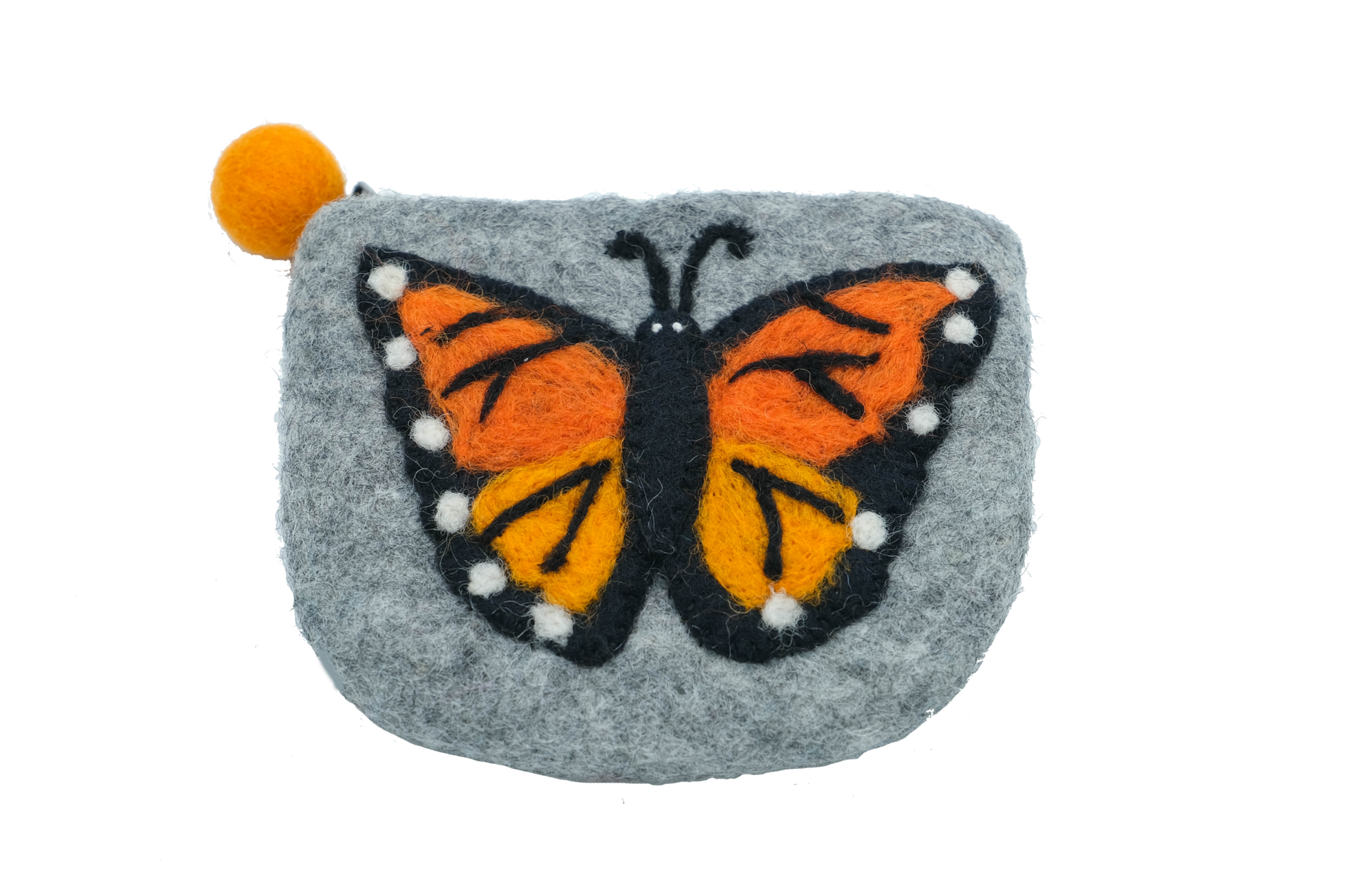 This Global Groove Life, handmade, ethical, fair trade, eco-friendly, sustainable, grey felt zipper coin pouch was created by artisans in Kathmandu Nepal and is adorned with an orange monarch butterfly motif.