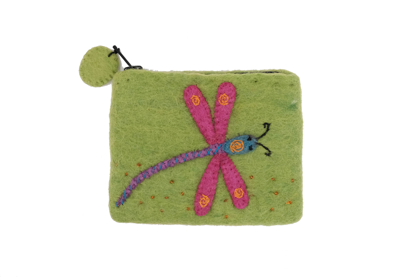 This Global Groove Life, handmade, ethical, fair trade, eco-friendly, sustainable, green felt zipper coin pouch was created by artisans in Kathmandu Nepal and is adorned with an adorable pink and blue dragonfly