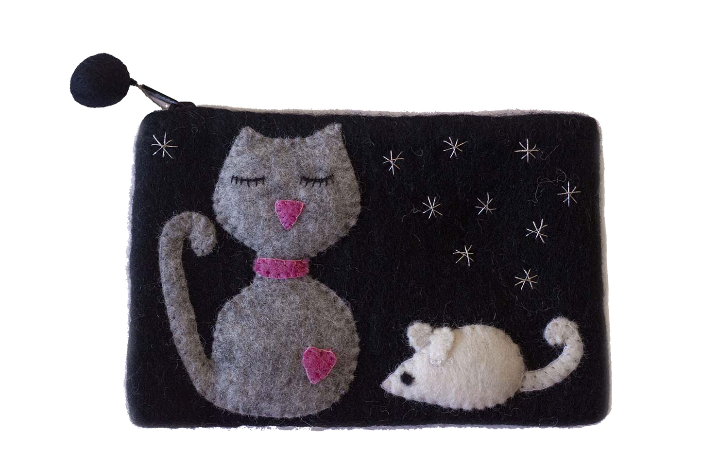 This Global Groove Life, handmade, ethical, fair trade, eco-friendly, sustainable, black felt zipper coin pouch was created by artisans in Kathmandu Nepal and is adorned with an adorable kitty with pink heart and mouse  motif.