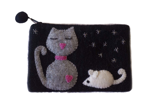 This Global Groove Life, handmade, ethical, fair trade, eco-friendly, sustainable, black felt zipper coin pouch was created by artisans in Kathmandu Nepal and is adorned with an adorable kitty with pink heart and mouse  motif.