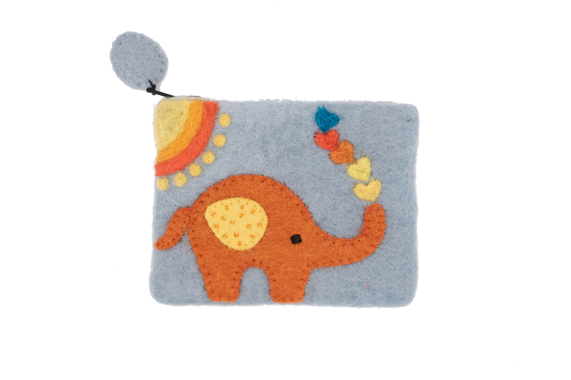 This Global Groove Life, handmade, ethical, fair trade, eco-friendly, sustainable, grey felt zipper coin pouch was created by artisans in Kathmandu Nepal and is adorned with an orange elephant with hearts and a sun motif.