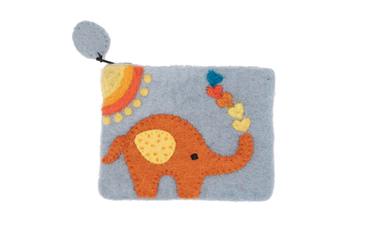 This Global Groove Life, handmade, ethical, fair trade, eco-friendly, sustainable, grey felt zipper coin pouch was created by artisans in Kathmandu Nepal and is adorned with an orange elephant with hearts and a sun motif.