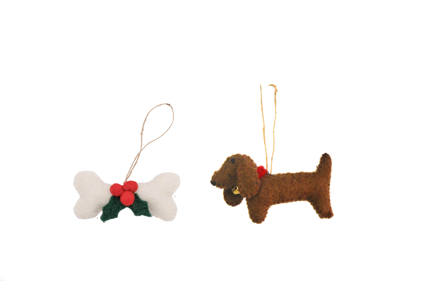 This Global Groove Life, handmade, ethical, fair trade, eco-friendly, sustainable, brown, Dachsund Dog with white, green and red bone treat ornament set was created by artisans in Kathmandu Nepal and will be a beautiful addition to your Christmas tree this holiday season.