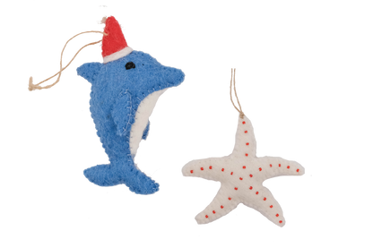 This Global Groove Life, handmade, ethical, fair trade, eco-friendly, sustainable, blue, white and red, felt Dolphin Santa with Starfish ornament set was created by artisans in Kathmandu Nepal and will be a beautiful addition to your Christmas tree this holiday season.