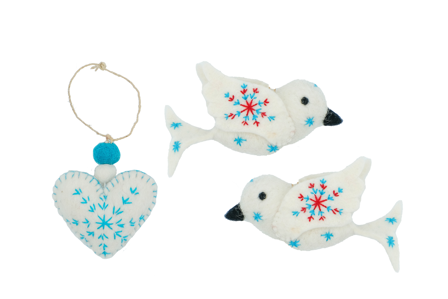 Two Turtle Doves + Love Heart Handcrafted Embroidered Felt Ornaments-Set of 3