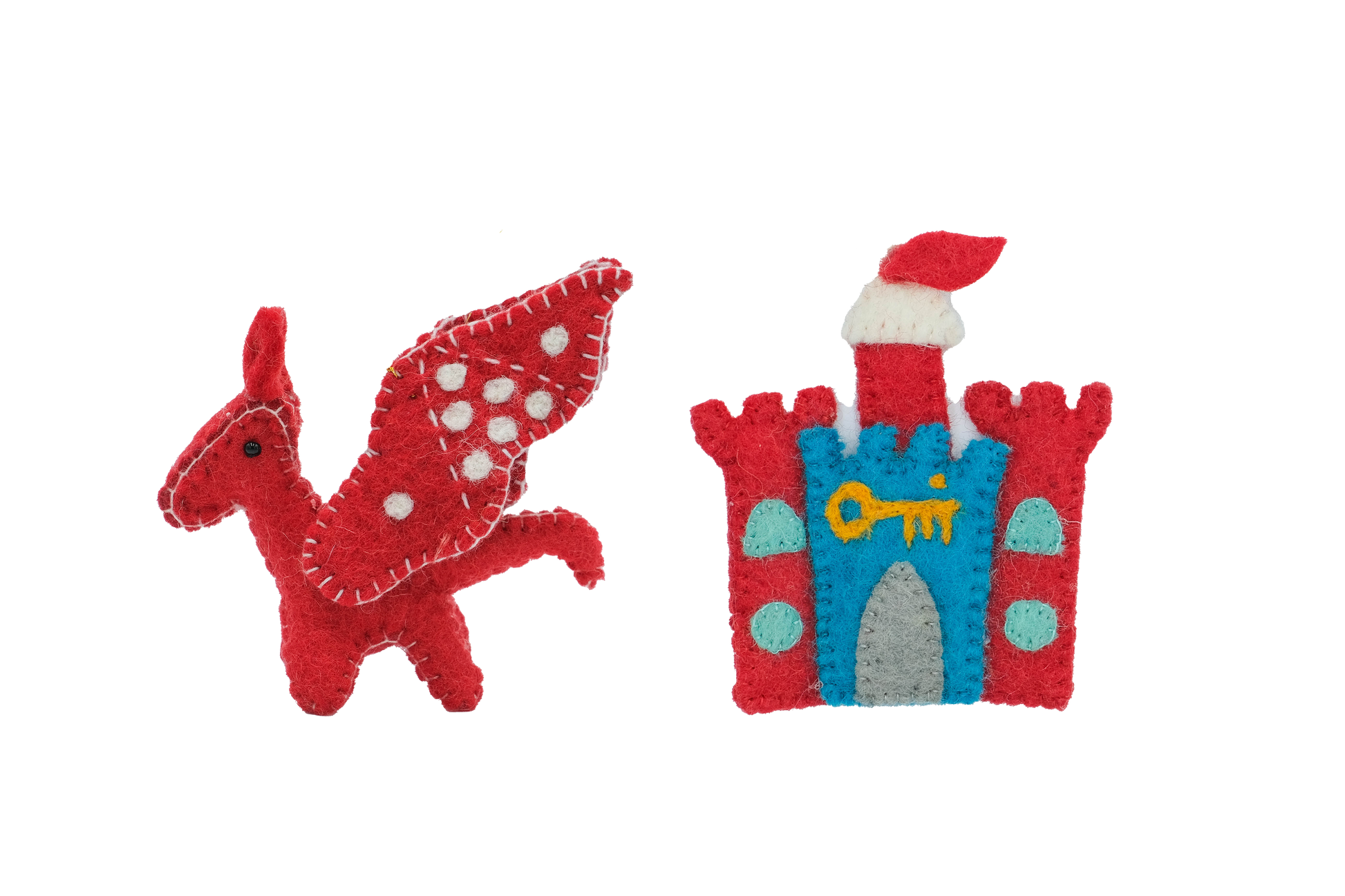 This Global Groove Life, handmade, ethical, fair trade, eco-friendly, sustainable, felt, red castle and dragon ornament set was created by artisans in Kathmandu Nepal and will be a beautiful and fun addition to your Christmas tree this holiday season.