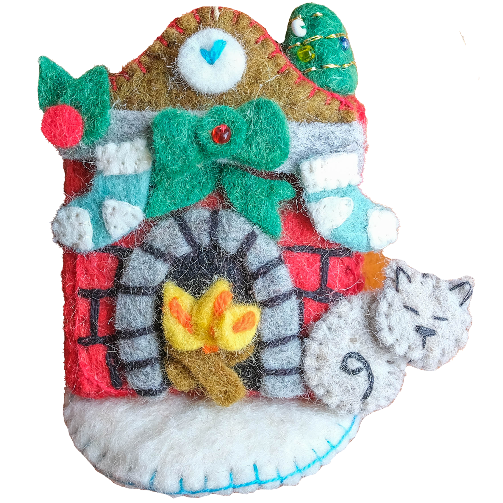 This Global Groove Life, handmade, ethical, fair trade, eco-friendly, sustainable, red, white, green and turquoise, 'Twas the Night Before Xmas, fireplace with cat and Elf Stocking felt ornament set was created by artisans in Kathmandu Nepal and will bring beautiful warmth, color and fun to your Christmas tree.