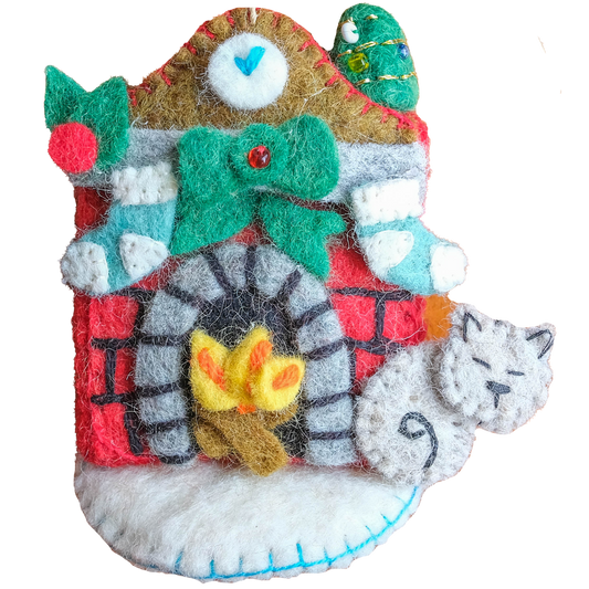 This Global Groove Life, handmade, ethical, fair trade, eco-friendly, sustainable, red, white, green and turquoise, 'Twas the Night Before Xmas, fireplace with cat and Elf Stocking felt ornament set was created by artisans in Kathmandu Nepal and will bring beautiful warmth, color and fun to your Christmas tree.