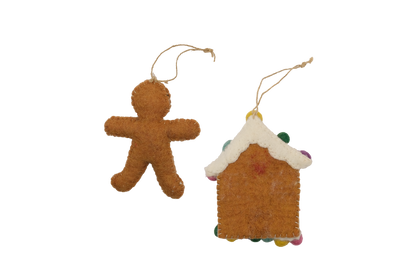 Gingerbread Home and Friend Handmade Felt Ornament--Set of 2