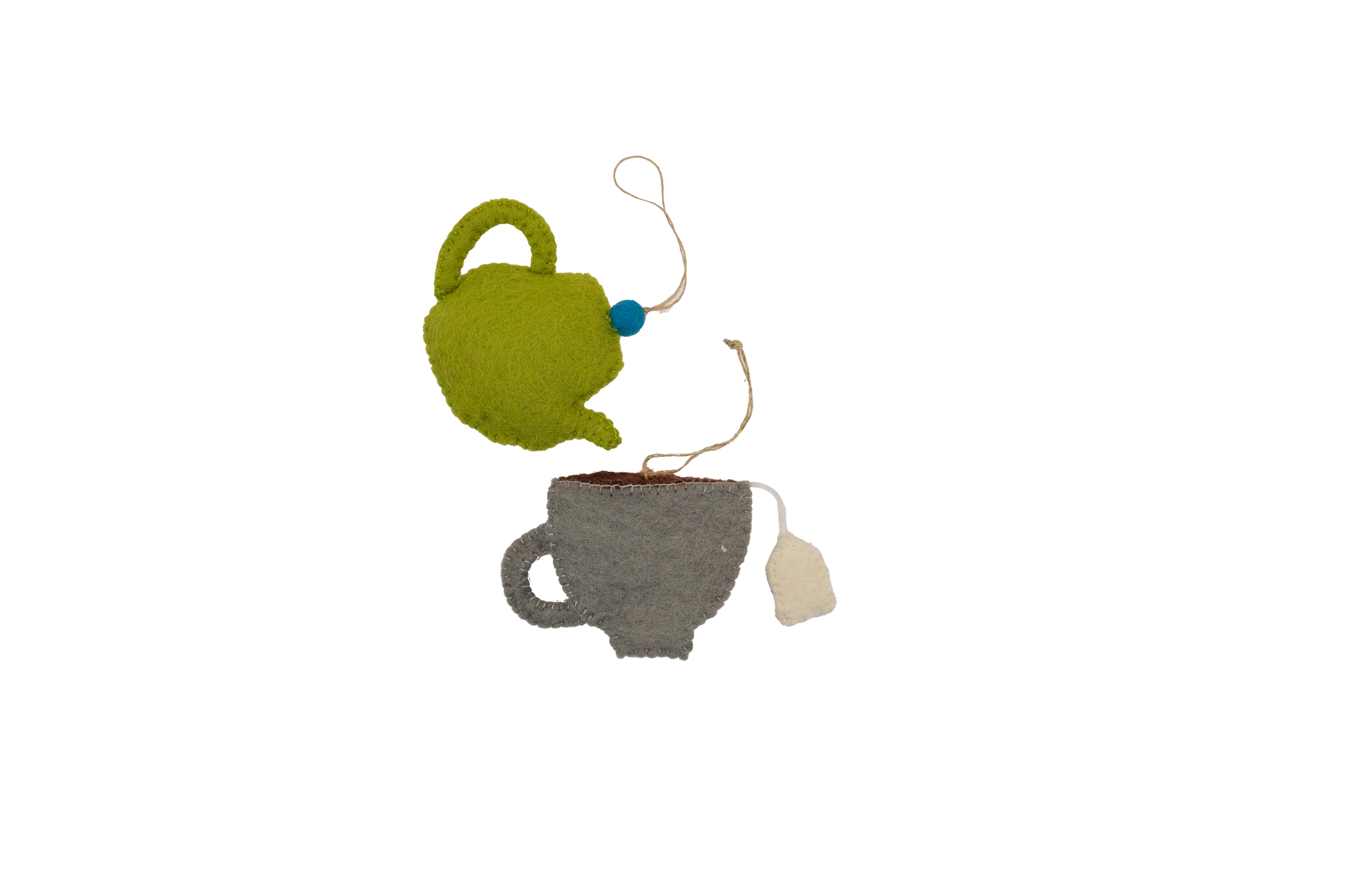 This Global Groove Life, handmade, ethical, fair trade, eco-friendly, sustainable, New Zealand wool felt, grey, blue & matcha green heart teapot and teacup ornament set was created by artisans in Kathmandu Nepal and will bring colorful warmth and fun to your Christmas tree this season.