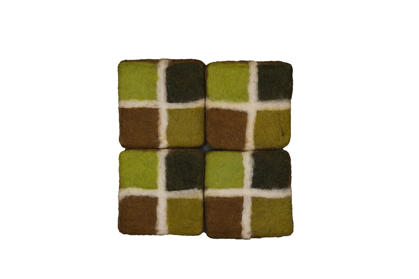This Global Groove Life, handmade, ethical, fair trade, eco-friendly, sustainable, New Zealand wool felt, Rainforest green coaster set, was created by artisans in Kathmandu Nepal and will bring colorful warmth and functionality to your table top.