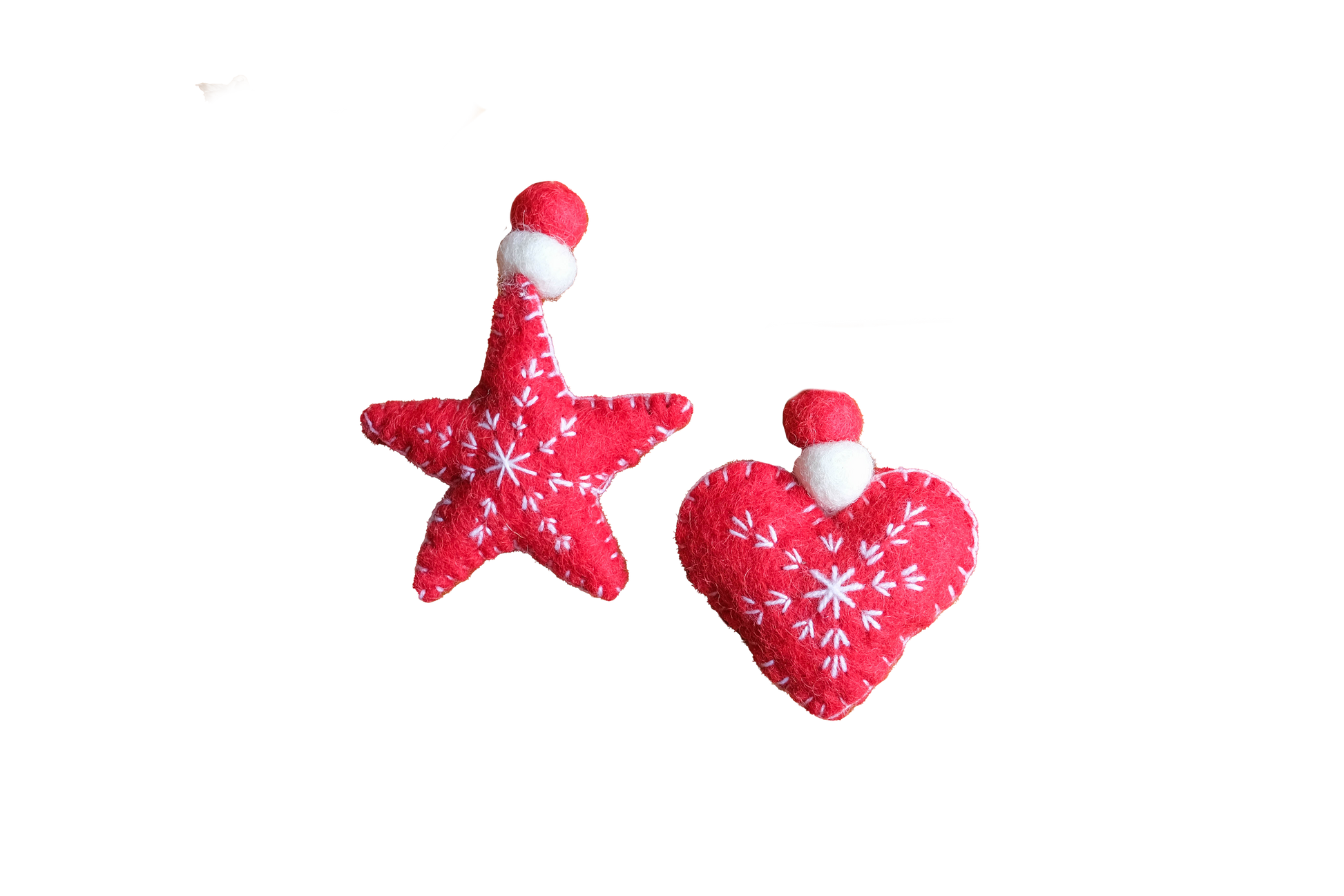 This Global Groove Life, handmade, ethical, fair trade, eco-friendly, sustainable, red and white, heart and star felt ornament set was created by artisans in Kathmandu Nepal and will be a beautiful and fun addition to your Christmas tree this holiday season.