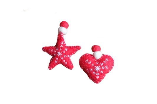 This Global Groove Life, handmade, ethical, fair trade, eco-friendly, sustainable, red and white, heart and star felt ornament set was created by artisans in Kathmandu Nepal and will be a beautiful and fun addition to your Christmas tree this holiday season.