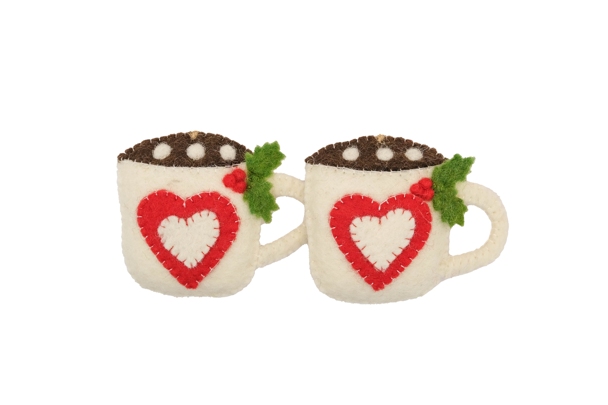 This Global Groove Life, handmade, ethical, fair trade, eco-friendly, sustainable, felt red and white hot cocoa and marshmallow with heart mug ornament set was created by artisans in Kathmandu Nepal and will bring colorful warmth and fun to your Christmas tree this season.