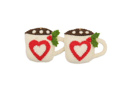 This Global Groove Life, handmade, ethical, fair trade, eco-friendly, sustainable, felt red and white hot cocoa and marshmallow with heart mug ornament set was created by artisans in Kathmandu Nepal and will bring colorful warmth and fun to your Christmas tree this season.
