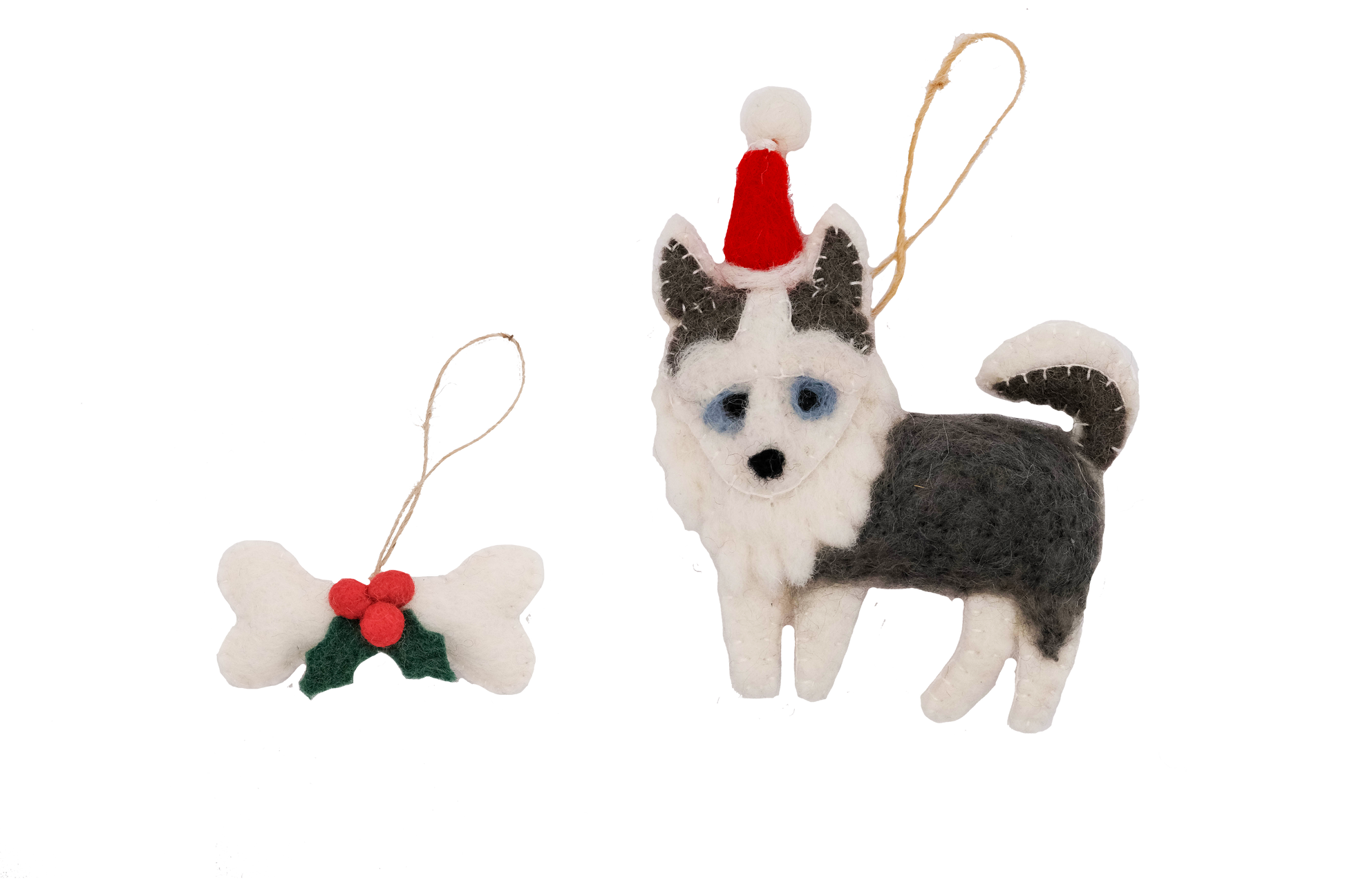 This Global Groove Life, handmade, ethical, fair trade, eco-friendly, sustainable, white and grey Husky Sant Dog with white, green and red bone treat ornament set was created by artisans in Kathmandu Nepal and will be a beautiful addition to your Christmas tree this holiday season.