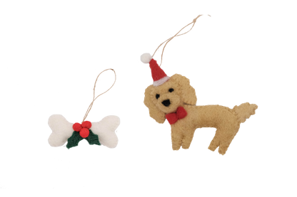 This Global Groove Life, handmade, ethical, fair trade, eco-friendly, sustainable, Labradoodle Santa Dog with white, green and red bone treat ornament set was created by artisans in Kathmandu Nepal and will be a beautiful addition to your Christmas tree this holiday season.