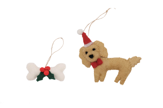 This Global Groove Life, handmade, ethical, fair trade, eco-friendly, sustainable, Labradoodle Santa Dog with white, green and red bone treat ornament set was created by artisans in Kathmandu Nepal and will be a beautiful addition to your Christmas tree this holiday season.