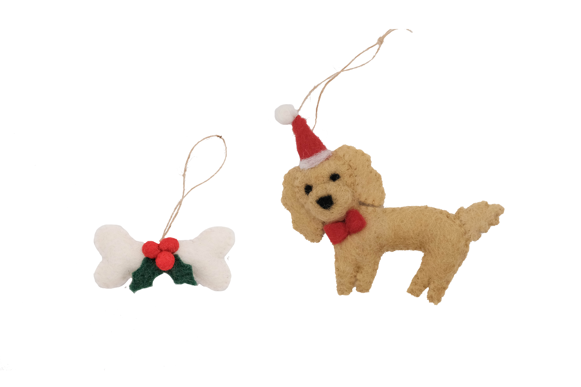 This Global Groove Life, handmade, ethical, fair trade, eco-friendly, sustainable, Labradoodle Santa Dog with white, green and red bone treat ornament set was created by artisans in Kathmandu Nepal and will be a beautiful addition to your Christmas tree this holiday season.