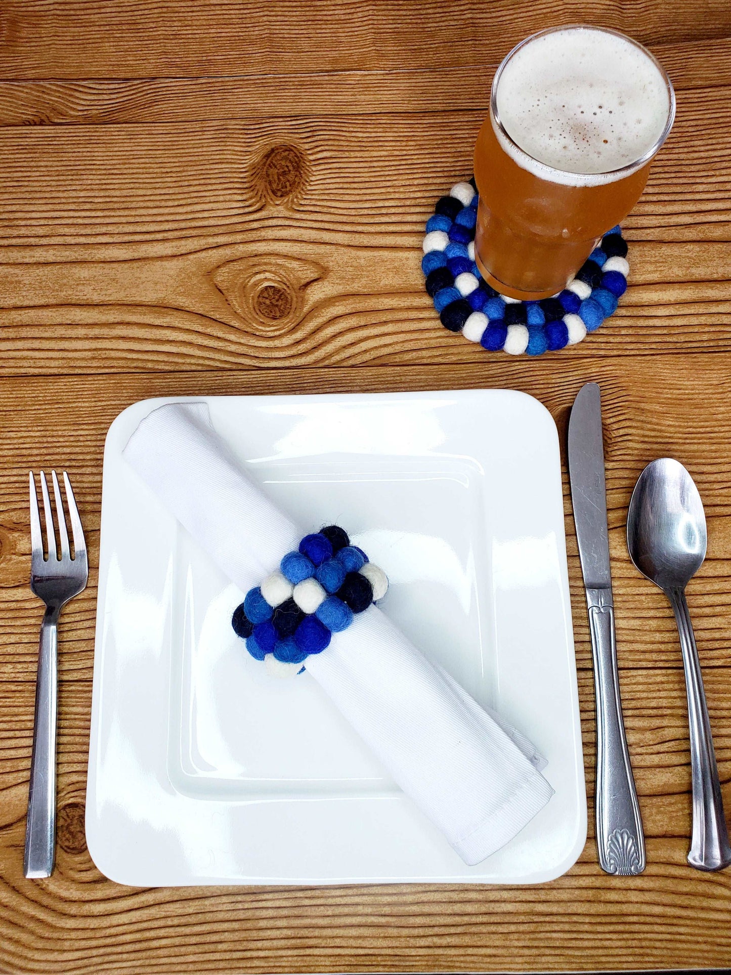 Mediterranean Blue Wool Felt Handmade Pom-Pom Napkin Rings