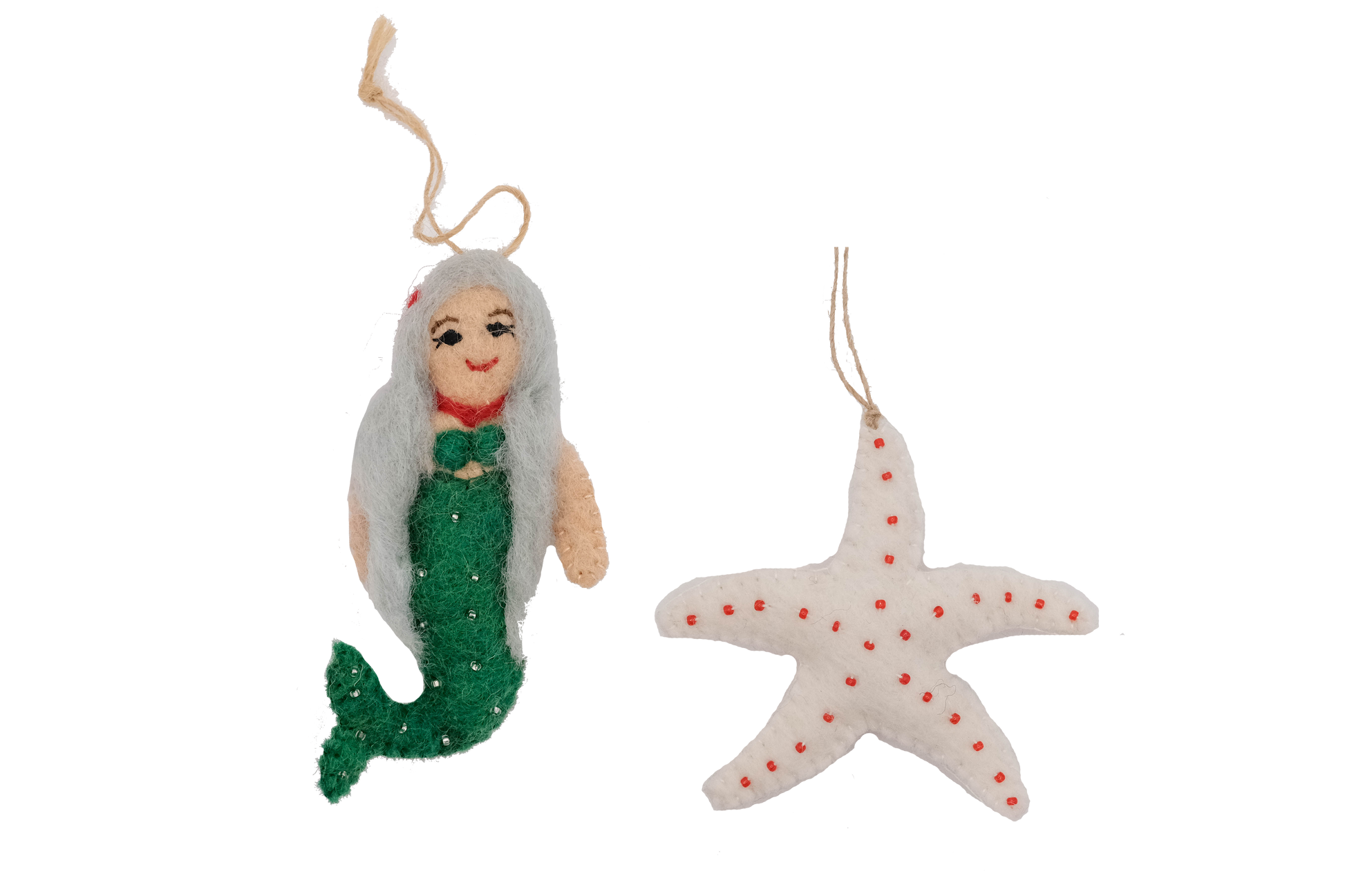 This Global Groove Life, handmade, ethical, fair trade, eco-friendly, sustainable, green, white and red, felt Mermaid with Starfish ornament set was created by artisans in Kathmandu Nepal and will be a beautiful addition to your Christmas tree this holiday season.