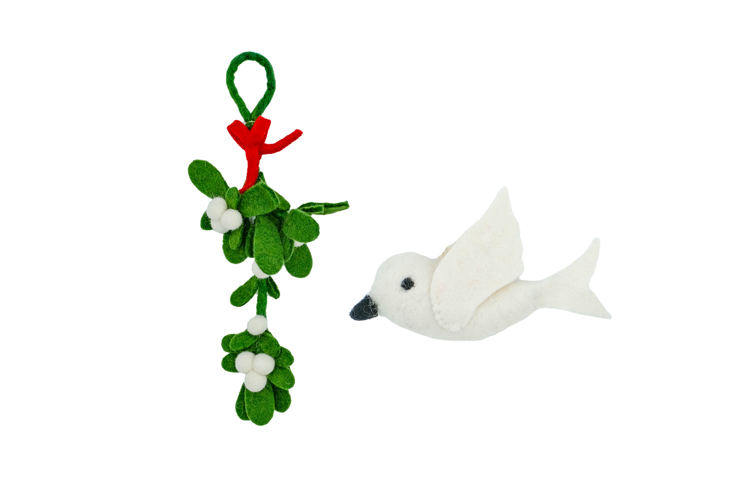 This Global Groove Life, handmade, ethical, fair trade, eco-friendly, sustainable, felt, green and white mistletoe and dove ornament set was created by artisans in Kathmandu Nepal and will be a beautiful addition to your Christmas tree this holiday season.