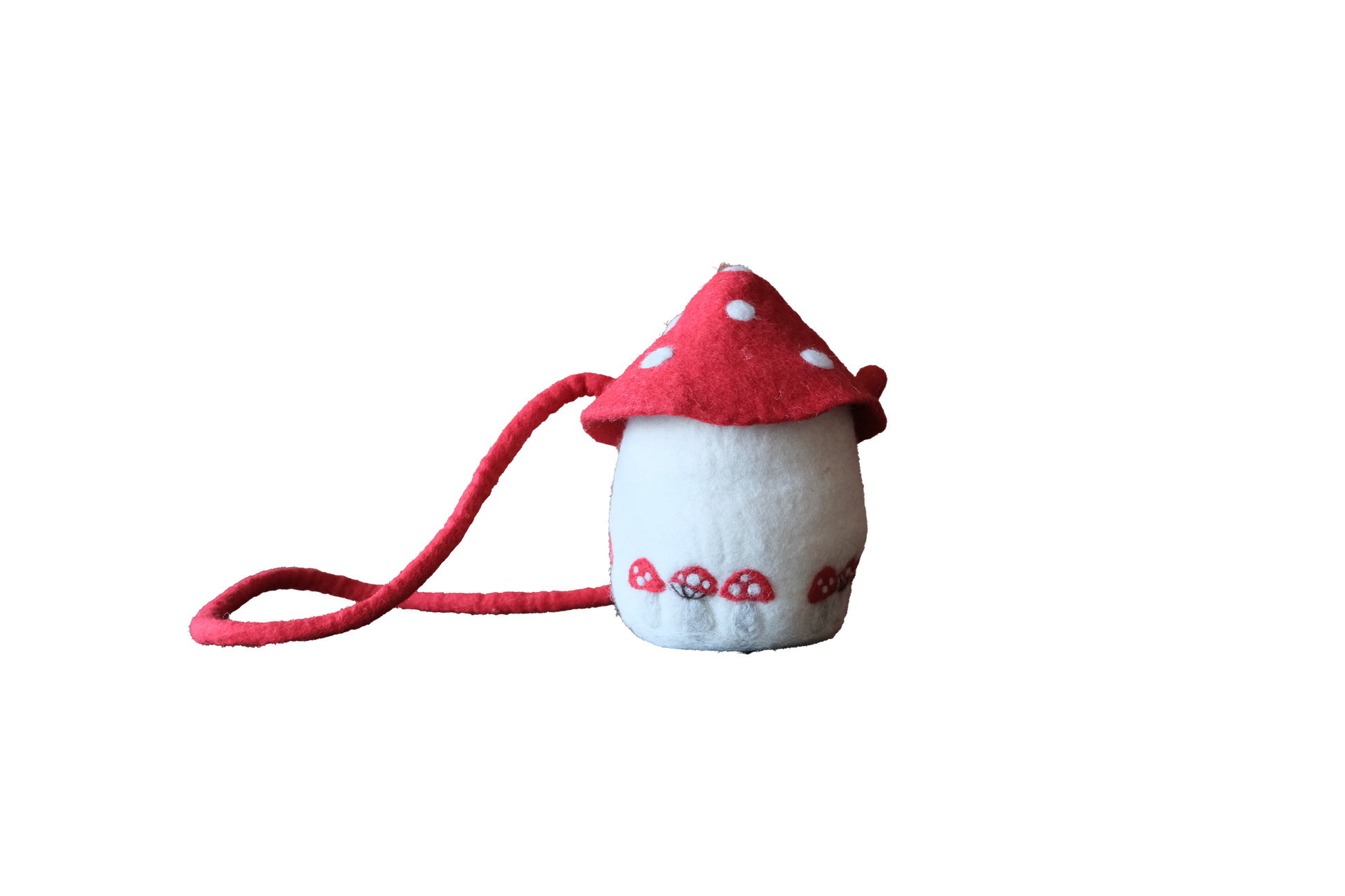 This Global Groove Life, handmade, ethical, fair trade, eco-friendly, sustainable, New Zealand Wool Felt, red & white Mushroom Home Felt Tote purse with strap, was created by artisans in Kathmandu Nepal 