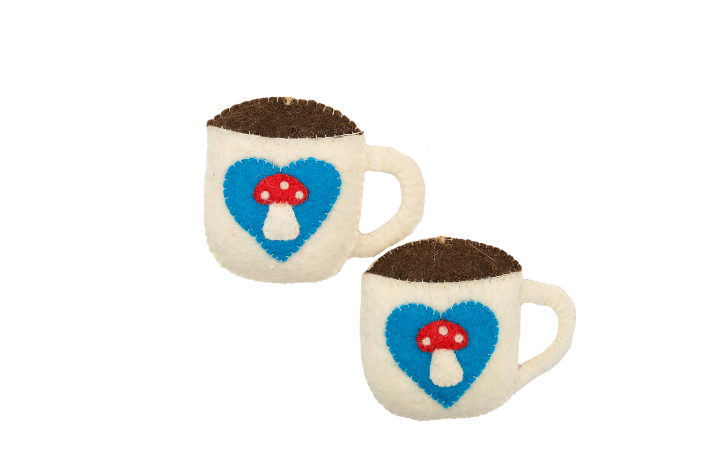 This Global Groove Life, handmade, ethical, fair trade, eco-friendly, sustainable, felt, turquoise, red and white coffee cup ornament set was created by artisans in Kathmandu Nepal and will bring colorful warmth and fun to your Christmas tree this season.
