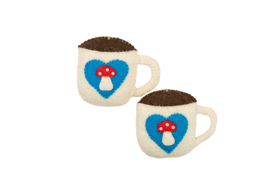 This Global Groove Life, handmade, ethical, fair trade, eco-friendly, sustainable, felt, turquoise, red and white coffee cup ornament set was created by artisans in Kathmandu Nepal and will bring colorful warmth and fun to your Christmas tree this season.