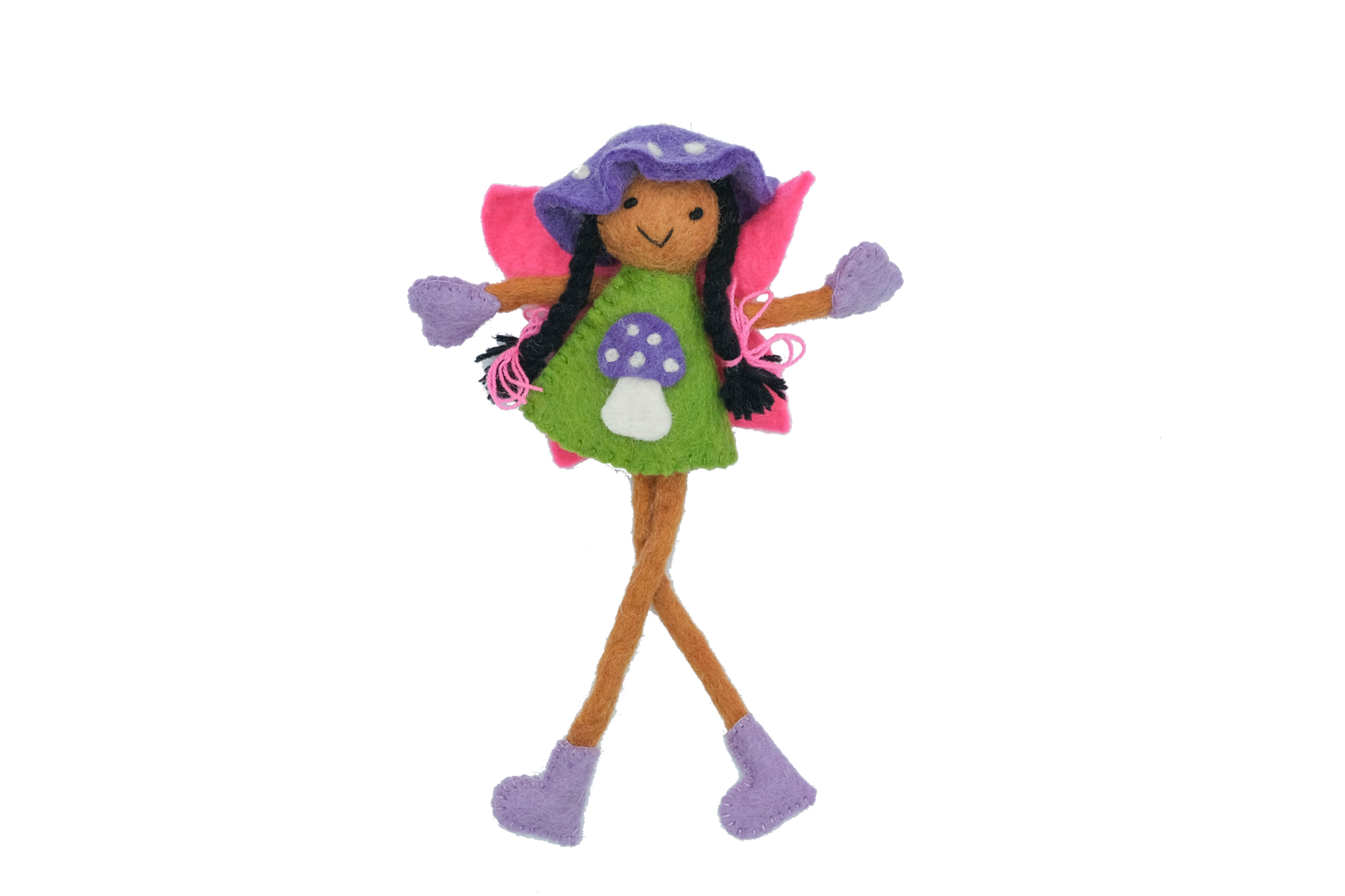 This Global Groove Life, handmade, ethical, fair trade, eco-friendly, sustainable, raven haired, green and pink, mushroom bonnet fairy ,was created by artisans in Kathmandu Nepal and is adorned with an adorable purple mushroom motif.
